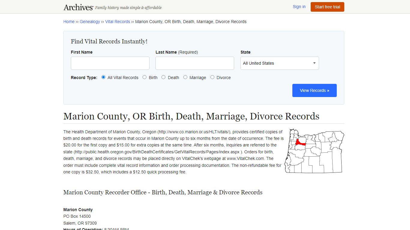 Marion County, OR Birth, Death, Marriage, Divorce Records - Archives.com