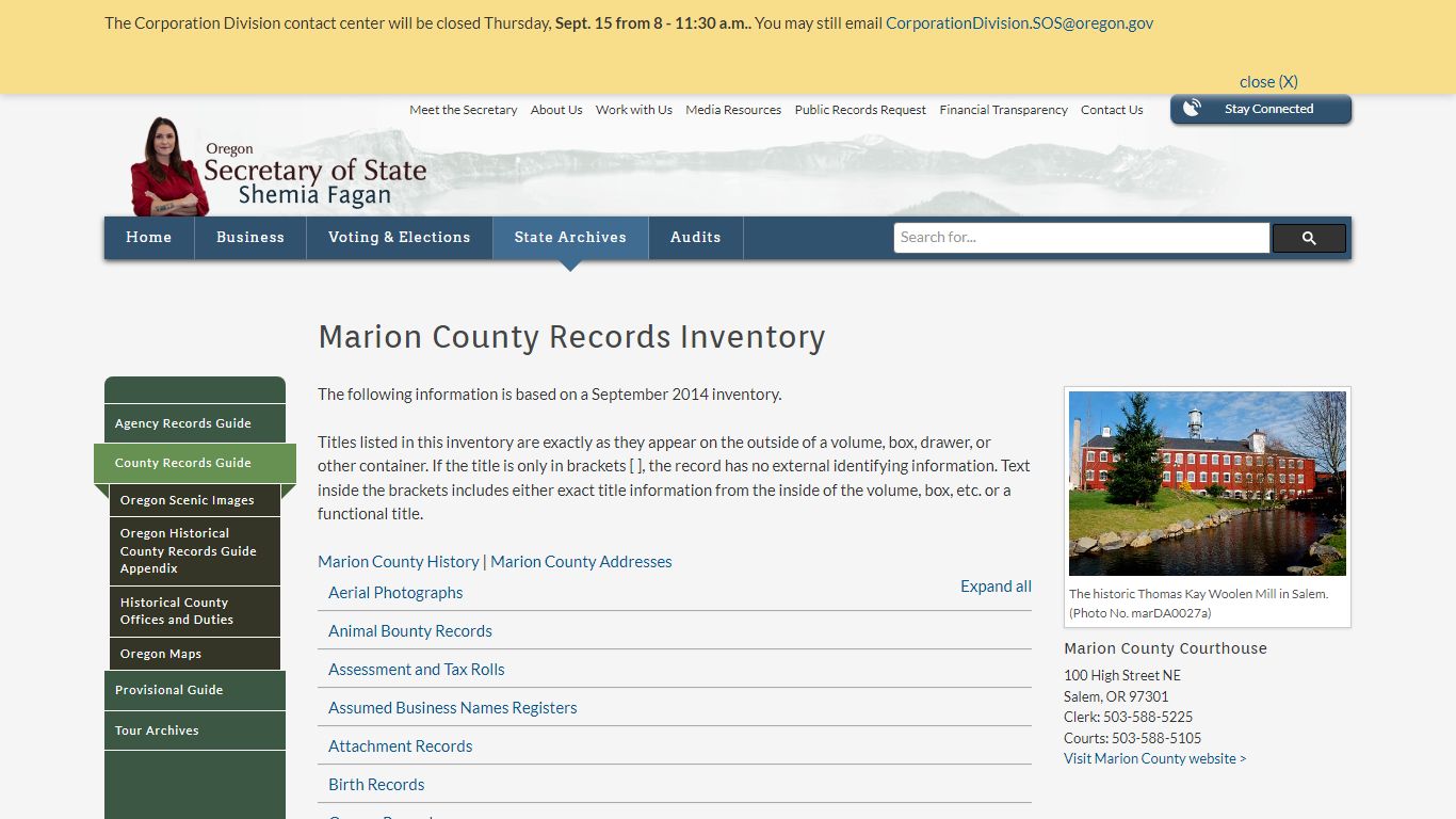 State of Oregon: County Records Guide - Marion County Records Inventory